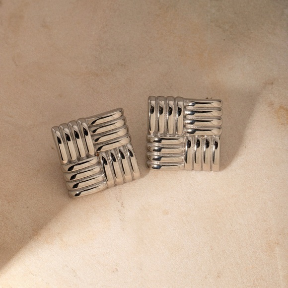 Silver Statement Earrings*Square Earrings*Bold Design*Waterproof - Picture 3 of 6